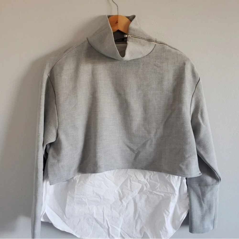Zara Trafaluc mock neck zipper shoulder Boxy Gray & White Career blouse Sz M - Picture 5 of 7